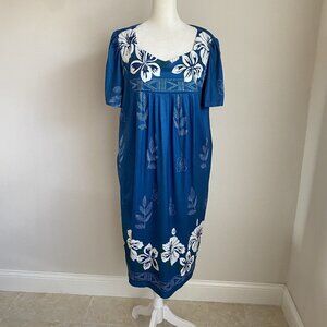 Ekouaer Womens L Large Blue Floral Tropical Muumuu Dress w Pockets Nightgown